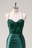 Sparkly Dark Green Halter Corset Mermaid Long Prom Dress With Slit