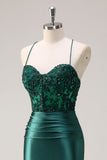 Sparkly Dark Green Halter Corset Mermaid Long Prom Dress With Slit