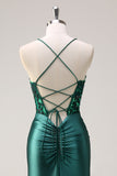 Sparkly Dark Green Halter Corset Mermaid Long Prom Dress With Slit