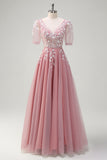 Blush A-Line V Neck Sequin Lace Up Back Long Prom Dress with Short Sleeves