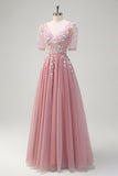 Blush A-Line V Neck Sequin Lace Up Back Long Prom Dress with Short Sleeves