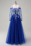 Royal Blue A-Line Cold Shoulder Sequin Floral Prom Dress with Long Sleeves