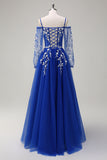 Royal Blue A-Line Cold Shoulder Sequin Floral Prom Dress with Long Sleeves