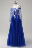 Royal Blue A-Line Cold Shoulder Sequin Floral Prom Dress with Long Sleeves