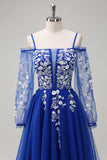 Royal Blue A-Line Cold Shoulder Sequin Floral Prom Dress with Long Sleeves