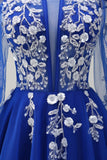 Royal Blue A-Line Cold Shoulder Sequin Floral Prom Dress with Long Sleeves