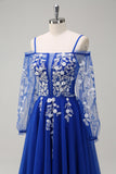 Royal Blue A-Line Cold Shoulder Sequin Floral Prom Dress with Long Sleeves