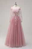 Blush A-Line Cold Shoulder Tulle Long Sleeves Prom Dress with Appliques