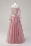 Blush A-Line Cold Shoulder Tulle Long Sleeves Prom Dress with Appliques