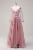 Blush A-Line Cold Shoulder Tulle Long Sleeves Prom Dress with Appliques