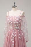 Blush A-Line Cold Shoulder Tulle Long Sleeves Prom Dress with Appliques