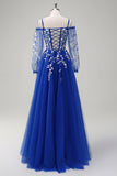 Royal Blue A-Line Cold Shoulder Sequin Long Sleeves Prom Dress with Appliques