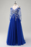 Royal Blue A-Line Cold Shoulder Sequin Long Sleeves Prom Dress with Appliques