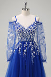 Royal Blue A-Line Cold Shoulder Sequin Long Sleeves Prom Dress with Appliques