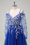 Royal Blue A-Line Cold Shoulder Sequin Long Sleeves Prom Dress with Appliques