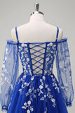 Royal Blue A-Line Cold Shoulder Sequin Long Sleeves Prom Dress with Appliques