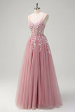 Blush A-Line Spaghetti Straps Sequin Appliqued Prom Dress with Tulle Slit