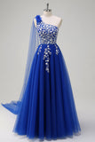 Royal Blue A-Line One Shoulder Streamer Appliqued Prom Dress with Lace Up Back