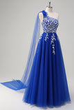 Royal Blue A-Line One Shoulder Streamer Appliqued Prom Dress with Lace Up Back