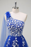 Royal Blue A-Line One Shoulder Streamer Appliqued Prom Dress with Lace Up Back