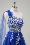 Royal Blue A-Line One Shoulder Streamer Appliqued Prom Dress with Lace Up Back