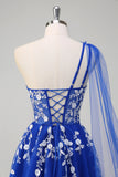 Royal Blue A-Line One Shoulder Streamer Appliqued Prom Dress with Lace Up Back