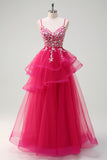 Grey Pink A-Line Spaghetti Straps Sequin Spiral Ruffles Prom Dress with Appliques