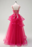 Grey Pink A-Line Spaghetti Straps Sequin Spiral Ruffles Prom Dress with Appliques