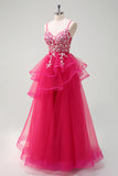 Grey Pink A-Line Spaghetti Straps Sequin Spiral Ruffles Prom Dress with Appliques