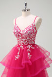 Grey Pink A-Line Spaghetti Straps Sequin Spiral Ruffles Prom Dress with Appliques