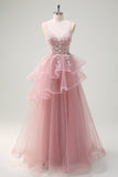 Grey Pink A-Line Spaghetti Straps Sequin Spiral Ruffles Prom Dress with Appliques