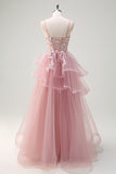 Grey Pink A-Line Spaghetti Straps Sequin Spiral Ruffles Prom Dress with Appliques