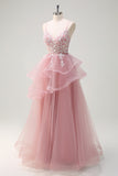 Grey Pink A-Line Spaghetti Straps Sequin Spiral Ruffles Prom Dress with Appliques