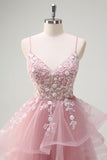 Grey Pink A-Line Spaghetti Straps Sequin Spiral Ruffles Prom Dress with Appliques