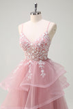 Grey Pink A-Line Spaghetti Straps Sequin Spiral Ruffles Prom Dress with Appliques