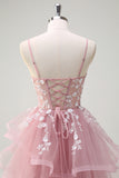 Grey Pink A-Line Spaghetti Straps Sequin Spiral Ruffles Prom Dress with Appliques