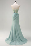 Sparkly Grey Green Mermaid Strapless Sequin Corset Ruched Prom Dress with Slit