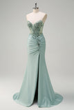 Sparkly Grey Green Mermaid Strapless Sequin Corset Ruched Prom Dress with Slit