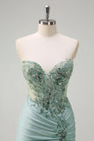 Sparkly Grey Green Mermaid Strapless Sequin Corset Ruched Prom Dress with Slit