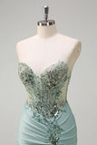 Sparkly Grey Green Mermaid Strapless Sequin Corset Ruched Prom Dress with Slit