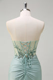 Sparkly Grey Green Mermaid Strapless Sequin Corset Ruched Prom Dress with Slit