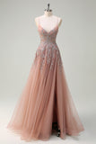 A-Line Spaghetti Straps Blush Tulle Split Long Prom Dress with Appliqued Beading