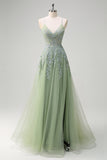 Green Tulle A-Line Spaghetti Straps Split Long Prom Dress with Appliqued Beading