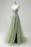 Green Tulle A-Line Spaghetti Straps Split Long Prom Dress with Appliqued Beading