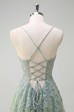 Green Tulle A-Line Spaghetti Straps Split Long Prom Dress with Appliqued Beading