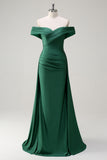 Sparkly Dark Green Off The Shoulder Ruched Long Prom Dress with Watteau Train