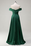 Sparkly Dark Green Off The Shoulder Ruched Long Prom Dress with Watteau Train