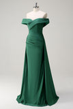 Sparkly Dark Green Off The Shoulder Ruched Long Prom Dress with Watteau Train