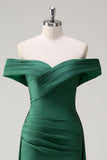 Sparkly Dark Green Off The Shoulder Ruched Long Prom Dress with Watteau Train