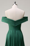 Sparkly Dark Green Off The Shoulder Ruched Long Prom Dress with Watteau Train